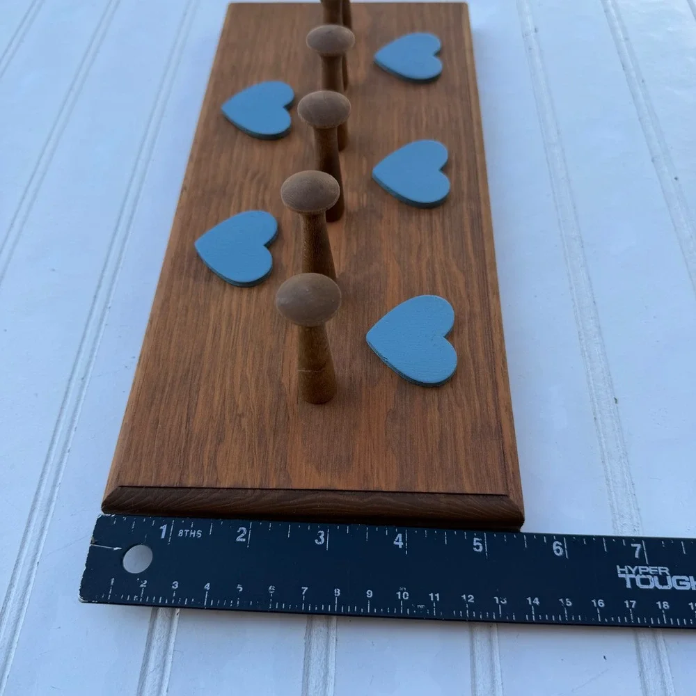 Vintage Handmade Wooden Wall Rack 6 Pegs Blue Hearts Country Farmhouse Decor